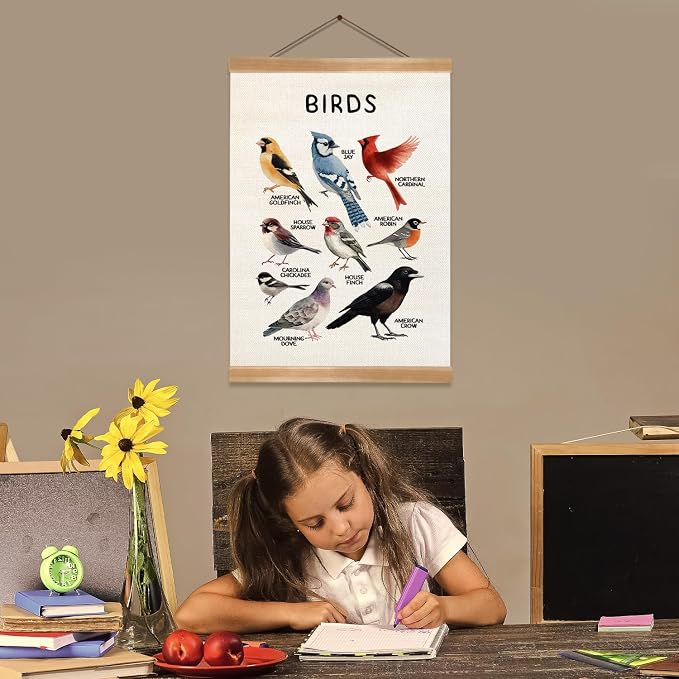 ZTGDA Birds Vintage Wall Art – Hanging Poster with Solid Wood Frame, Linen Canvas Bird Illustration Poster,Birds Wall Decor for Living Room Playroom Classroom, Birds Lovers Gift 12x16inch