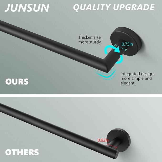 JunSun Bathroom Towel Bar 9 Inch Matte Black Towel Racks Wall Mounted Bath Hand Towel Holder Modern Home Decor Towel Rod Bathroom Accessories Stainless Steel Towel Hangers Towel Rail Single Towel Bars