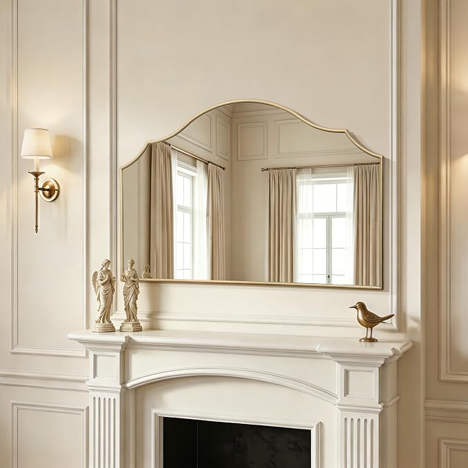 Besdomus Oversized Scalloped Gold Mirror: 54"x34" Modern Minimalist Wood Frame Wall Mirror - Decorative Fireplace Arched Mirrors for Bathroom/Entryway/Vanity/Living Room - Home Decor for Fashion Women