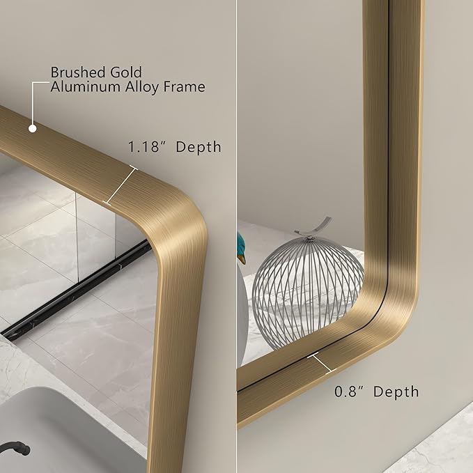 60x36 Gold Bathroom Mirror, Brushed Metal Frame Gold Vanity Mirror, Large Rectangle Mirror for Wall, Rounded Corner, Shatterproof, Anti-Rust (Horizontal/Vertical)