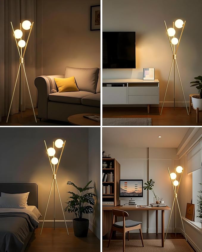 Lightdot Tripod Floor Lamp Stepless Dimmable Globe Modern Floor Lamp Gold Standing Lamps with Stable Base& 3PCS 3000K Bulbs Included Mid Century Floor Lamps for Living Room/Sofa Beside/Corner Decor
