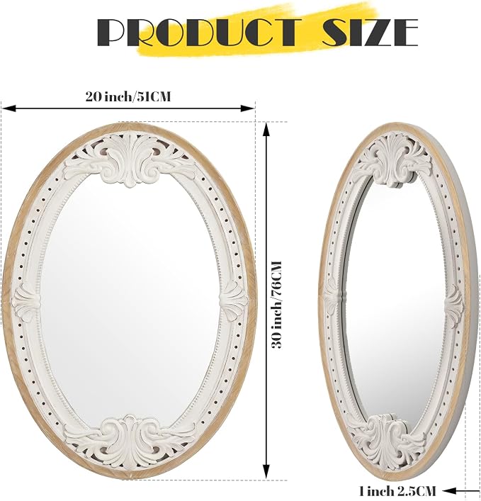 sawsile Oval Wood Mirror,Rustic 20x30 Inch Wooden Farmhouse Decorative Vanity Natural Mirrors for Bedroom, Bathroom, Living Room,or Entryway
