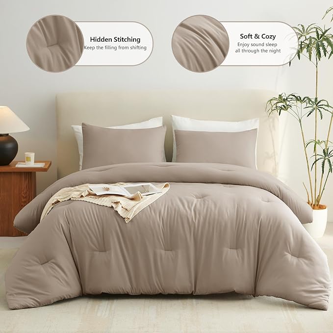 CozyLux Full Size Comforter Set Khaki, 3 Pieces Lightweight Down Alternative Quilted Bedding Sets, All Season Soft Breathable Solid Comforter with 2 Pillowcases, Luxury Bed Set Gift for Home