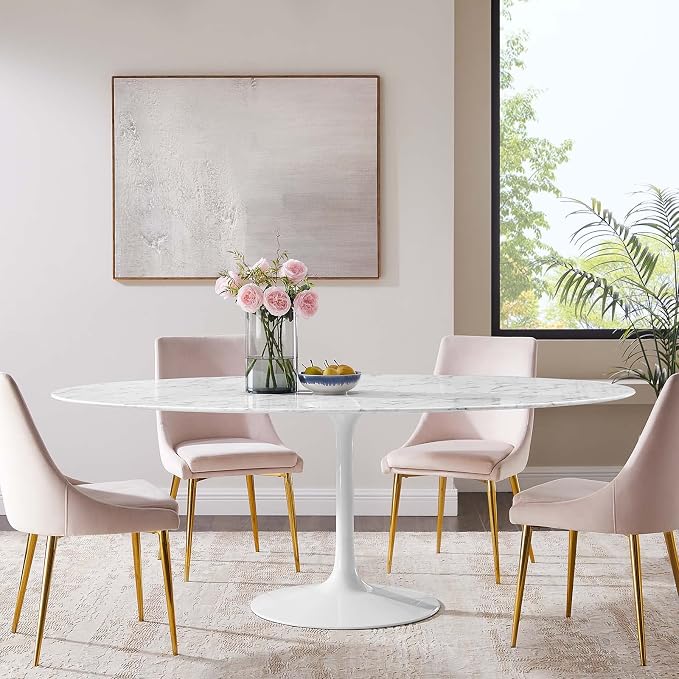 Modway Lippa 78" Oval-Shaped Mid-Century Modern Dining Table with Artificial Marble Top and White Base