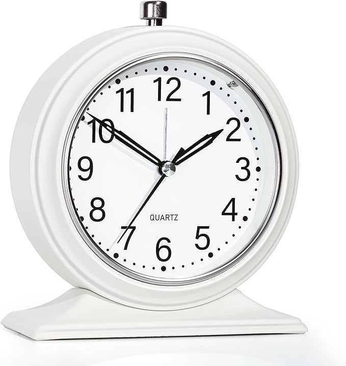 AYRELY® 4-inch Battery Operated Alarm Clock Silent Analog Desk Clocks with Light Vintage Metal Table Clock for Living Room Shelf Bedside Home Decor (White)