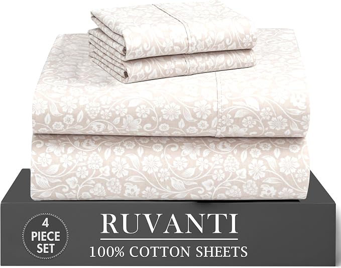 RUVANTI 100% Cotton Percale Sheets Twin XL Size 4 Piece Set, Cooling Bed Sheets for Hot Sleepers, Deep Pocket 16”, Breathable Lightweight & Durable, Crisp Hotel Style Sheets, Orchid Charm