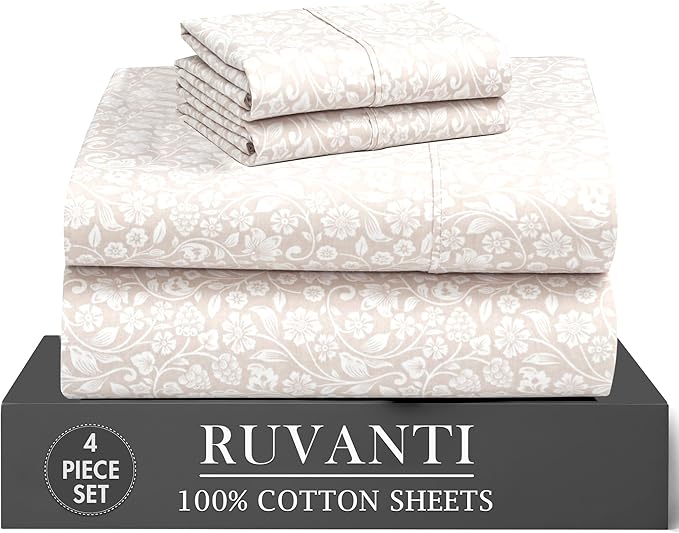 RUVANTI 100% Cotton Percale Sheets Twin Size 4 Piece Set, Cooling Bed Sheets for Hot Sleepers, Deep Pocket 16”, Breathable Lightweight & Durable, Crisp Hotel Style Sheets, Orchid Charm