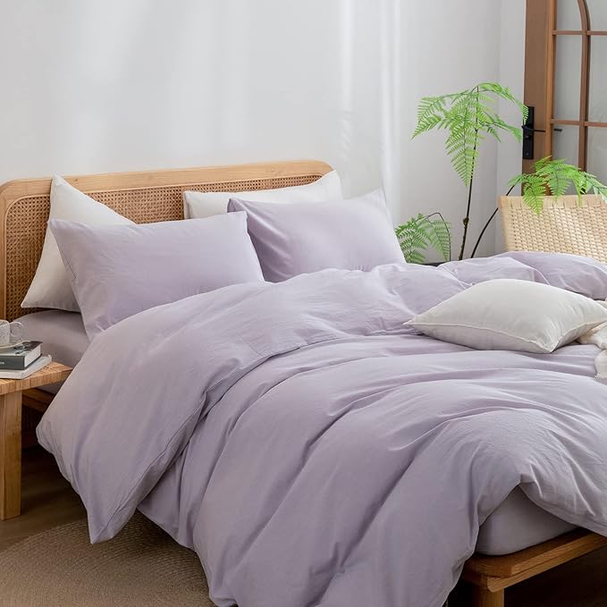 BESTOUCH Duvet Cover Set 100% Washed Cotton Linen Feel Super Soft Comfortable Chic Lightweight 3 PCs Home Bedding Set Solid Taro Purple Super Queen