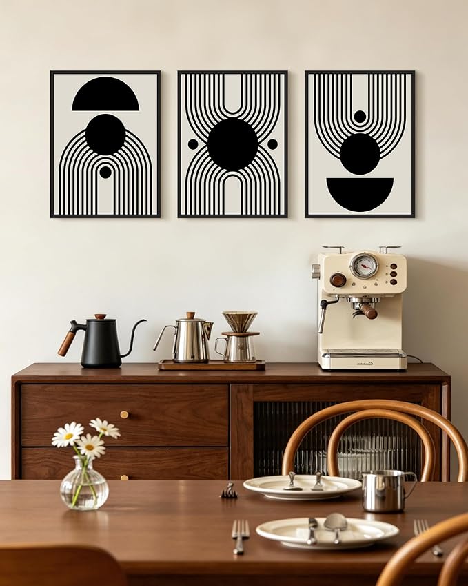 KUVIOKE Black Abstract Framed Wall Art Minimalist Geometry Lines Painting Artwork for Living Room Bedroom 12x16in (Black Framed)