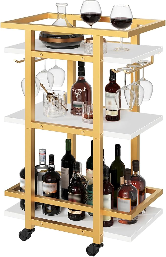 YATINEY 3 Tier Bar Cart, Home Bar Serving Cart with Wheels, Drink Cart with Glass Holder, Beverage Cart, Mobile Kitchen Cart, for Home, Garden, Party, Gold BC09DW