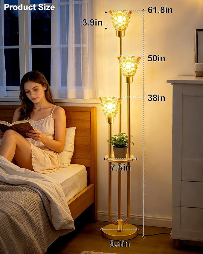 Lightdot Amber Glass Floor Lamp with Shelf, 63IN Mid Century Modern Gold Floor Lamps with 3 3000K Soft Warm White Bulbs Included, Standing Tall Lamp with 5Lbs Heavy Base for Living Room/Wedding/Office