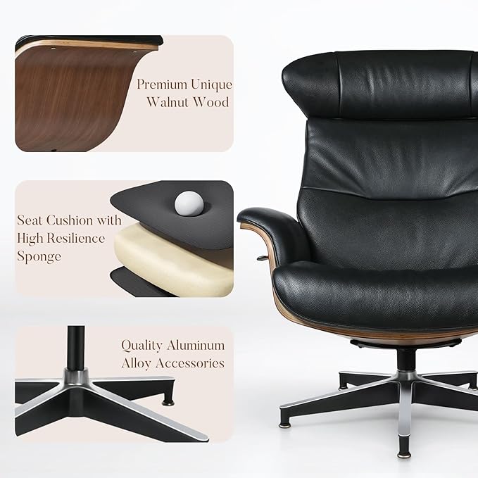 Mid Century Modern Chaise Lounge Chair with Ottoman,Swivel Accent Chair Top Black Full Grain Leather,Walnut Wood,Adjustable Backrest Headrest,Heavy Duty Metal Base for Office,Living Room,Black