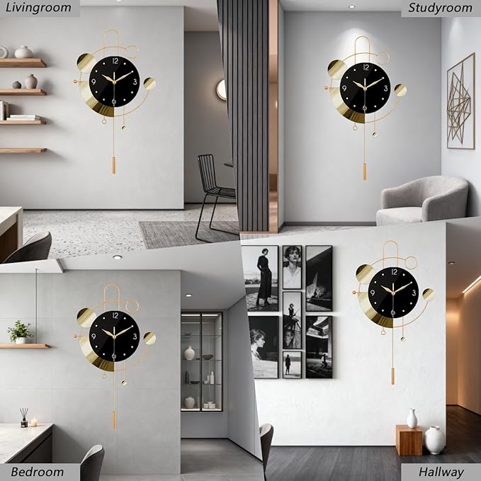 SIN&MI Wall Clock with Pendulum,Silent Non Ticking Battery Operated Modern Large Wall Clocks for Living Room Bedroom Farmhouse Office Kitchen Home Wall Decor-13.3 * 22.4 Inch(Golden)