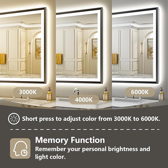 55x30 Black Framed LED Bathroom Mirror with Lights, Backlit and Front Light, Lighted Bathroom Vanity Mirror for Wall Dimmable Anti-Fog Memory Tempered Glass Horizontal/Vertical