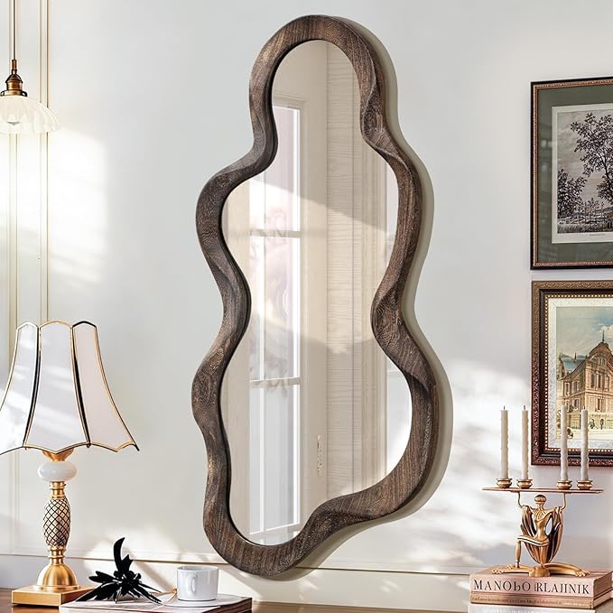 Asymmetrical Mirrors for Wall Unique Cloud Wood Frame Irregular Mirror Modern Living Room Bedroom Vanity Entryway Hallway Decorative Artistic Wall Mirror Brown