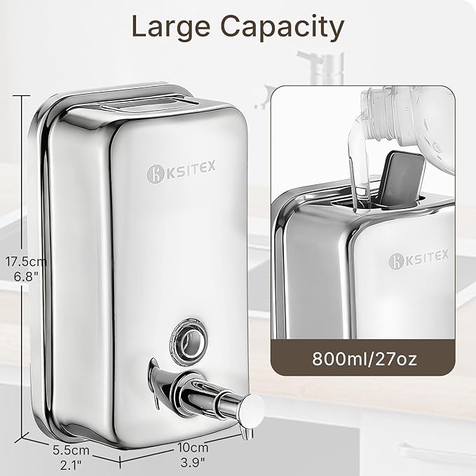 Stainless Steel Soap Dispenser Wall Mounted, 27oz Commercial Hand Soap Dsipenser, Manual Anti-Leak Pump Liquid Soap Dispenser, Rust-Proof Lining Hand Sanitizer Lotion Dispenser for Bathroom