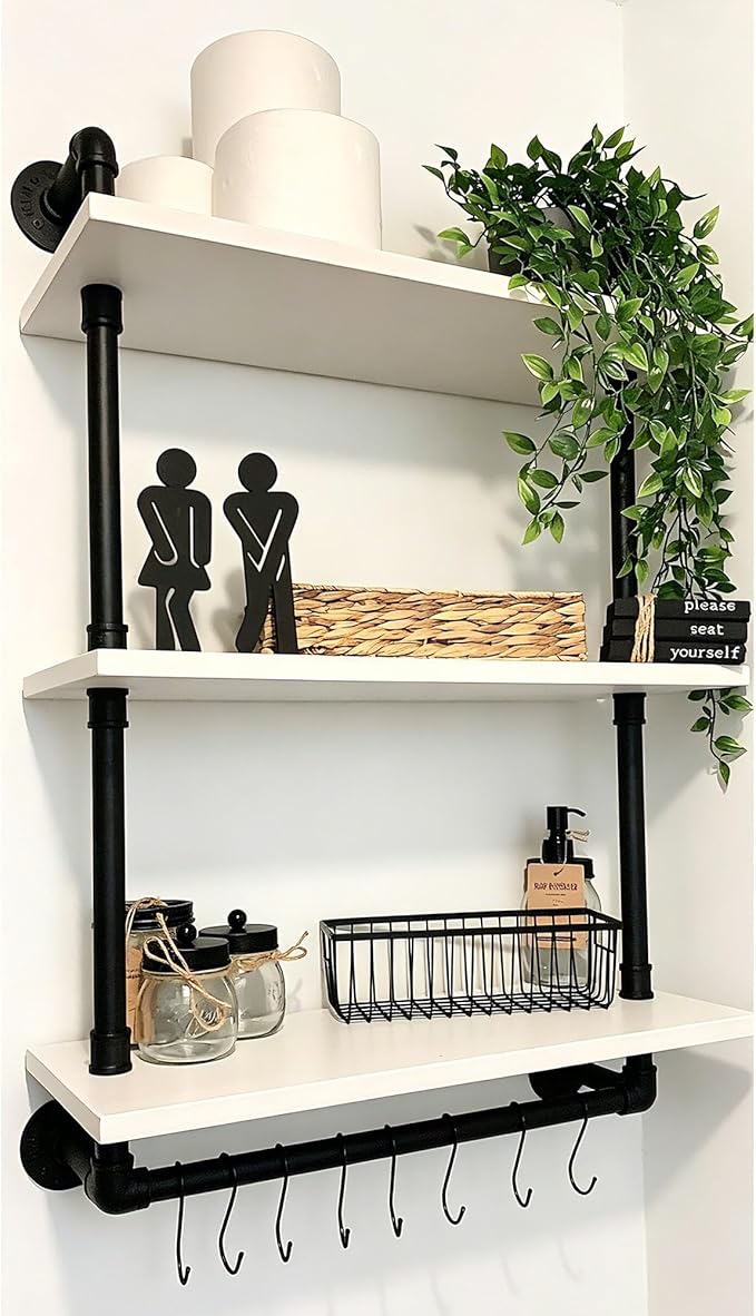 ROGMARS Industrial Pipe Shelving Bathroom Shelves with Towel Bar,3 Tier 24 inch Retro White Rustic Farmhouse Industrial Wall Shelf Bathroom Shelves Over Toilet for Storage