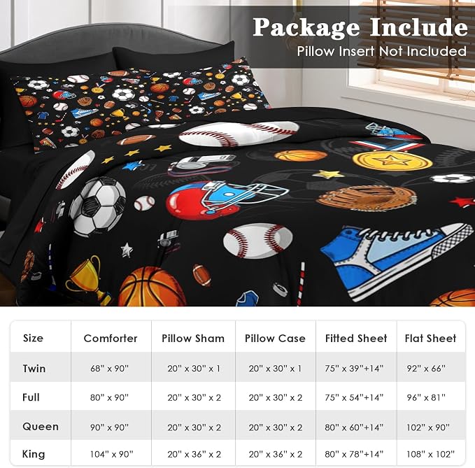 Pamnest Comforter Set Twin Size, Basketball Football Baseball 5 Pcs Bedding for Kids and Adults, Hockey Soccer Sport Bed Sheet Sets with Fitted Sheet Pillowcase & Sham for Bedroom Bed Decor