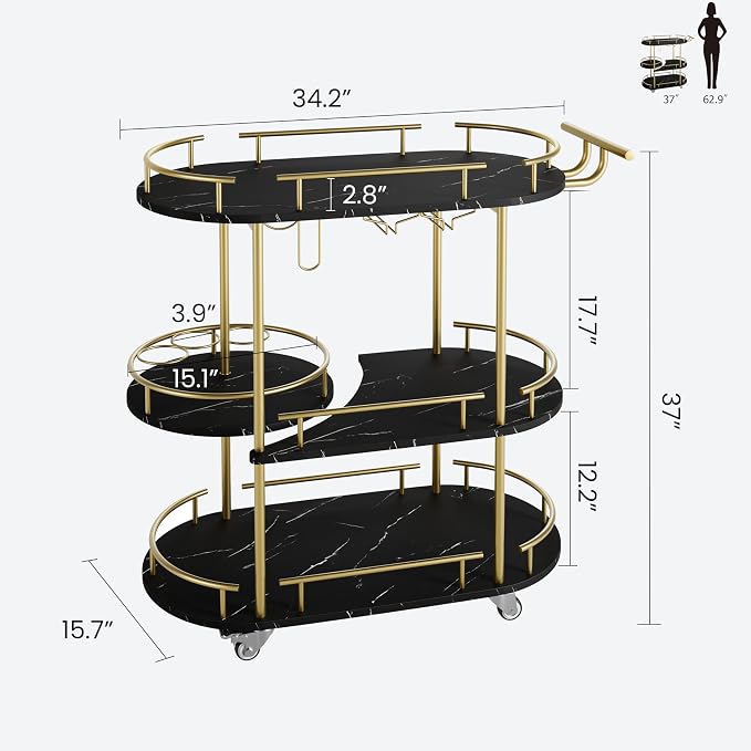 Modern 3-Tier Gold Bar Cart with Black Marble Panel – Mobile Serving Cart with Wine Rack & Glass Holder, Storage Shelves for Kitchen, Dining, Living Room – Gold Paint + Black Marble Panel