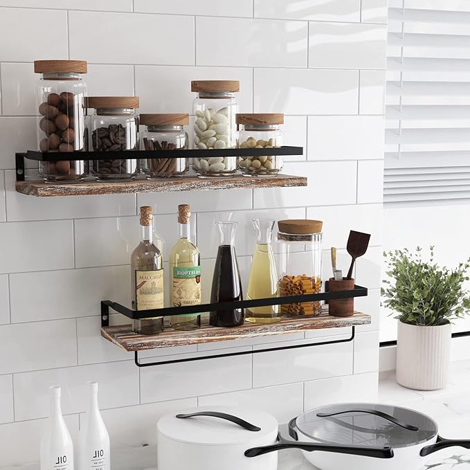 Floating Shelves for Wall, Bathroom Shelves with Towel Bar, Wall Mounted Storage Shelves for Kitchen, Bathroom, Set of 2 White Washed