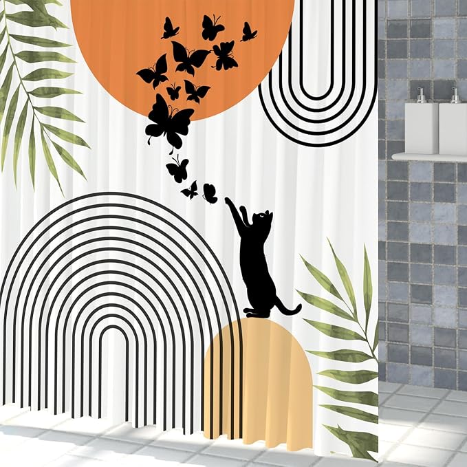 Mid Century Cat Shower Curtain Abstract Boho Geometric Minimalist Black Cat Butterflies Green Leaf Aesthetic Shower Curtain for Bathroom Decoration Accessories with Hooks 48x72 inch