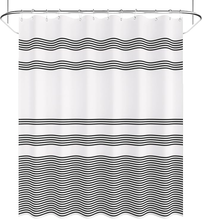 AmazerBath Shower Curtain, Washable Cloth Black Shower Curtain Sets with 12 Shower Curtain Hooks, Fabric Rustic Black and White Striped Curtain, Farmhouse Bathroom Curtains, 72x72 Inches