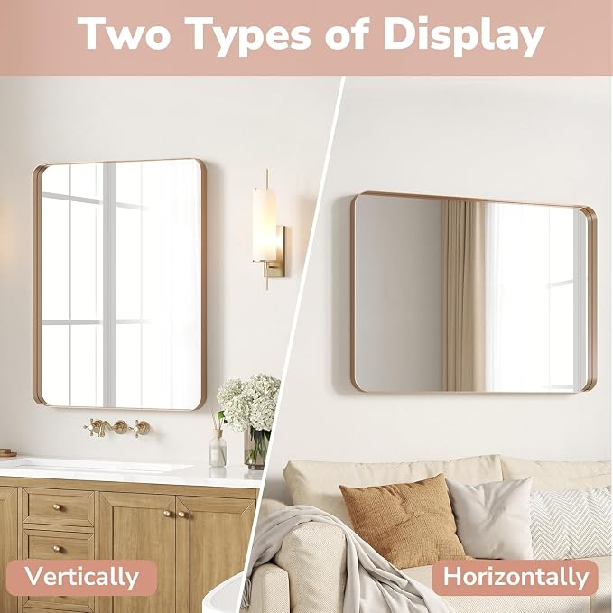 USHOWER Gold Bathroom Mirrors 24"x36" 2 Pack, Brushed Champagne Gold Rectangle Mirrors for Over Sink, Aluminum Frame, Anti-Rust, Tempered Glass, Horizontal or Vertical Mounted
