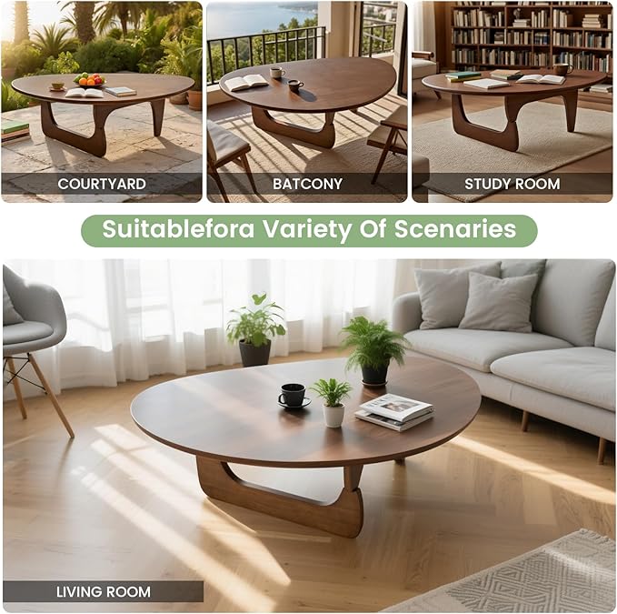 Solid Wooden Modern Triangle Coffee Table: Unique Funky Coffee Tables for Living Room, Oval Mid-Century Irregular Abstract Tea Tables for Patio Office Balcony Bedroom (Walnut, 50" L x 31" W x 16" H)
