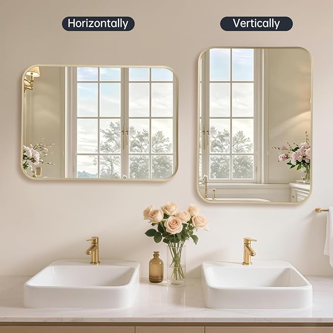 30x36 Inch Dark Matte Gold Bathroom Mirror for Wall，Framed Rectangle Mirror with Rounded Corner,Brushed Mirror for Bedroom or Living Room,Vertical or Horizontall