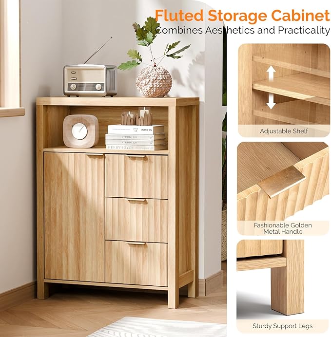 VINGLI Fluted Bathroom Floor Storage Cabinet with Fluted Door 3 Drawers,Modern 12 Inch Deep Short Bathroom Storage Cabinet Organizer Free-Standing for Small Space w/Adjustable Shelf,Natural Oak Color