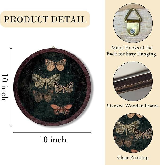 TFKFJLF Vintage Butterfly Wall Art Decor, Dark Moody Cottagecore Moth Butterfly Framed Wooden Artwork, Neutral Farmhouse Round Wall Hanging Decor for Home Bedroom Living Room, 10x10 Inch