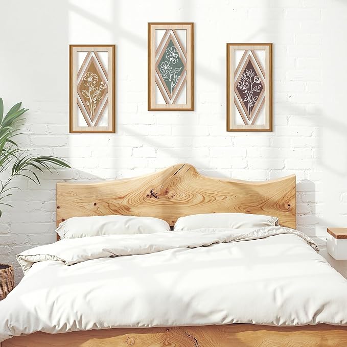 Celestdeco 3 Pcs Boho Flower Wall Decor,Boho Flower Wood Wall Art,Bohemian Floral Artwork Wooden,Botanical Modern Wood Art,Minimalist Wildflower Wooden Art Abstract for Living Room Bedroom Office