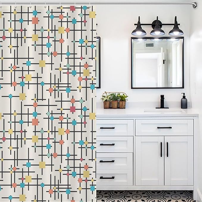 Mid Century Shower Curtain,Retro Atomic Geometric Abstract Iconic Pattern Bathroom Curtain Polyester Waterproof Fabric Decor 66x72in（168x183cm）