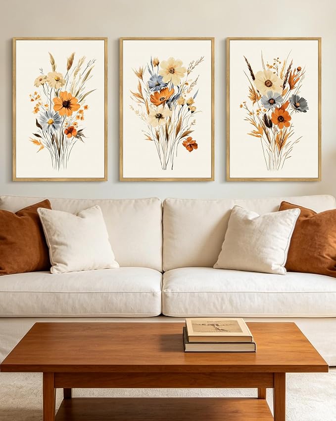 KUVIOKE Vintage Wildflower Bouquet Framed Wall Art Retro Flower Botanical Pictures Illustrations Colorful Floral Hanging Decor 16x24in (Natural Framed)