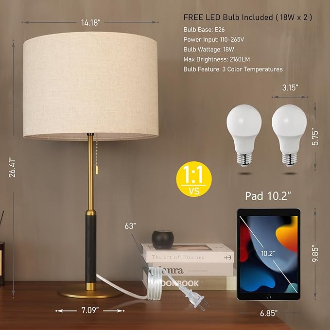 26.4" Set 2 Pull Chain Table Lamp Modern Mid Century Bedside Lamps for Living Room End Tables 3-Color Light for Bedroom, Solid Wood/Metal/Fabric Lamp for Home/Office/Desk (Light Brown+Brass)