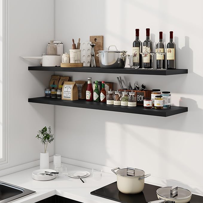 Dreamland 55" Floating Shelves for Wall, 12" Deep Slim Black Floating Shelves, Wall-Mounted Shelves for Bedroom, Living Room, Kitchen, Bathroom - Set of 2