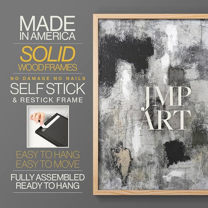 Renditions Gallery Set of 2 Peel & Stick Framed Prints, Abstract Wall Art, Hand Painted Black and White Pattern Wall Decor, Re-Stickable - Ready to Hang - 11"x14" - NATURAL WOOD Frame LT588