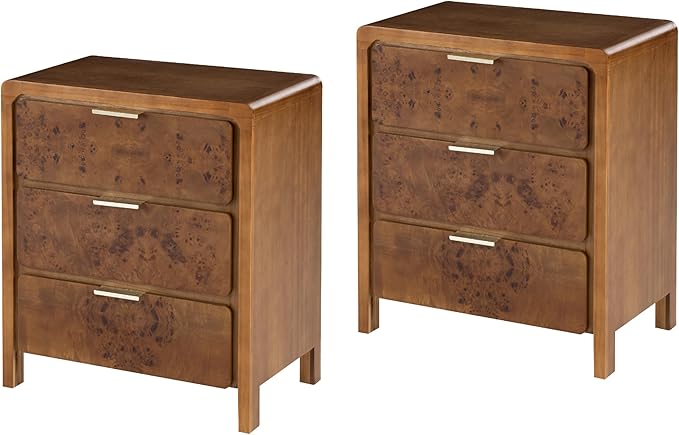 COZAYH Farmhouse Nightstand Set of 2 with 3 Drawer, Distressed Wood Rustic Accent Dresser, Burl Finish Bedside Table for Bedroom, Entryway, Fully Assembled, Brown