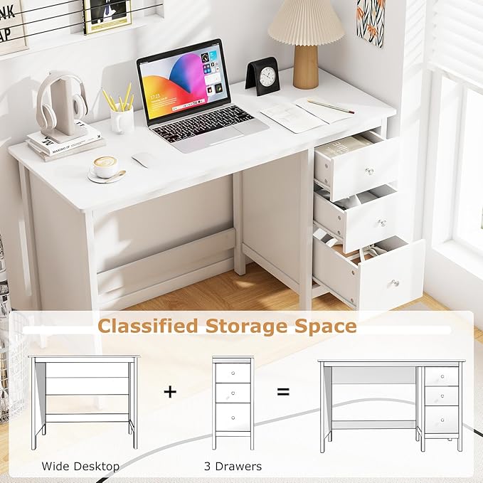 Tangkula White Desk with Drawers, Modern Home Office Computer Desk with Storage Drawers & Spacious Desktop, Compact Writing Study Desk Laptop Desk for Bedroom, Multipurpose Workstation