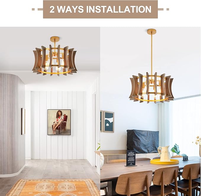 Industrial Wood Chandelier, with Antique Brass Brush Paint Finish Shade Pendant Lighting Fixture for Dining Room Kitchen Island Living Room Bedroom 4-Light