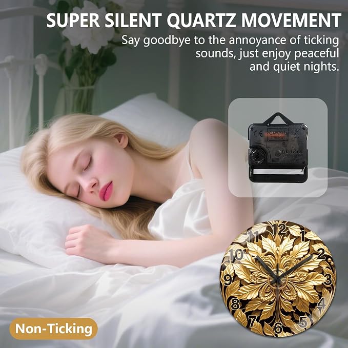 peacoblue Wall Clocks Battery Operated 12 Inch Golden Abstract Leaves Glass Round Wall Clock Non Ticking for Kitchen Living Room Dining Room Bedroom and Bathroom Decor (Battery not Included)