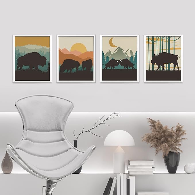SIGNWIN Framed Country Farmhouse Vibrant Bison Wall Art, Set of 4 Silhouette Animals Wall Decor Prints, Wilderness Nature Wall D¨¦cor for Living Room, Bedroom - 12"x16" White