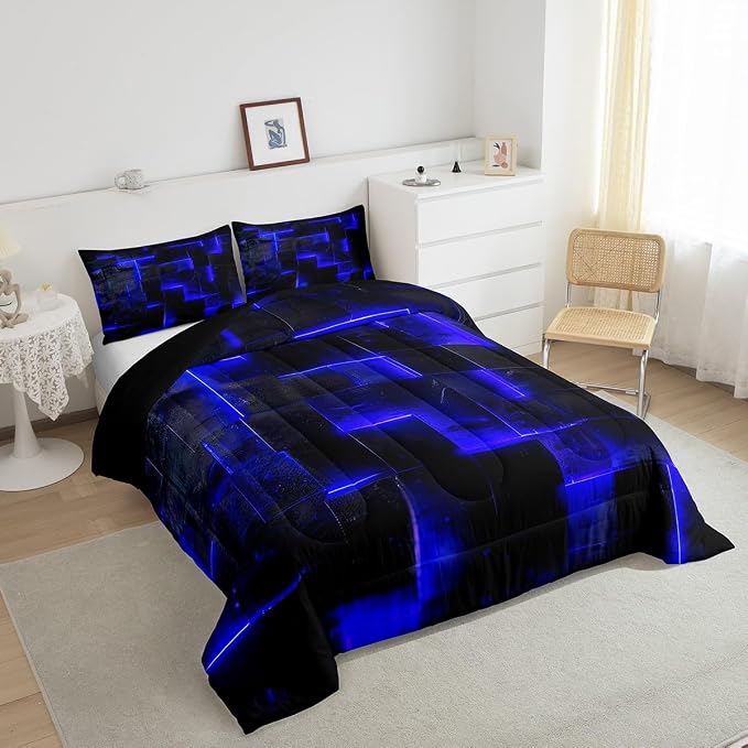 Black Navy Blue Abstract Comforter King Gradient Square King Bedding Set Grid Down Comforter Neon Checkered Bed Set Glowing Plaid Quilted Duvet 3D Modern Bedroom Decor 3pcs (Black Reversible)