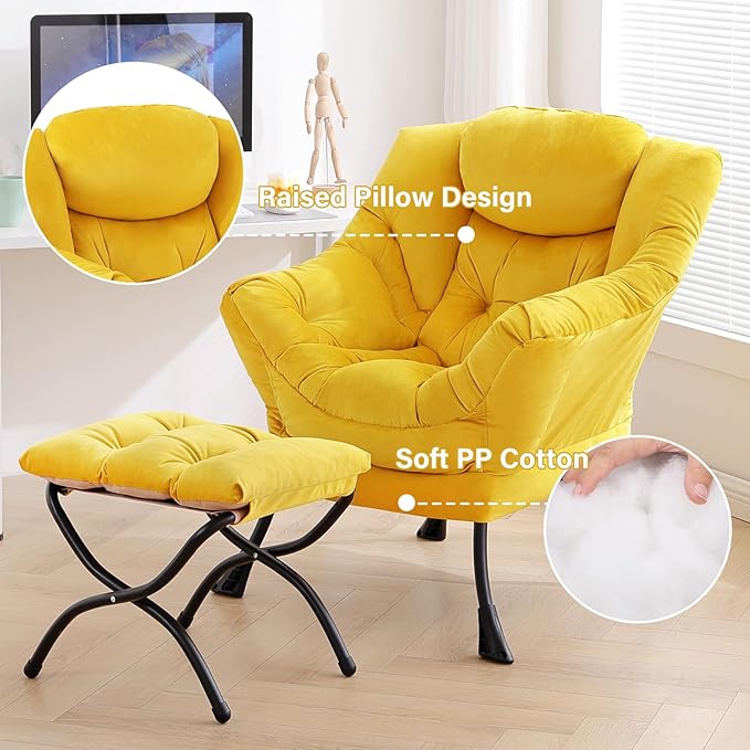 Tiita Lazy Chair with Ottoman, Yellow Modern Large Accent Armchair, Comfy Leisure Sofa Reading Chair with Footrest for Bedroom, Living Room, Dorm Rooms, Garden, Velvet Yellow