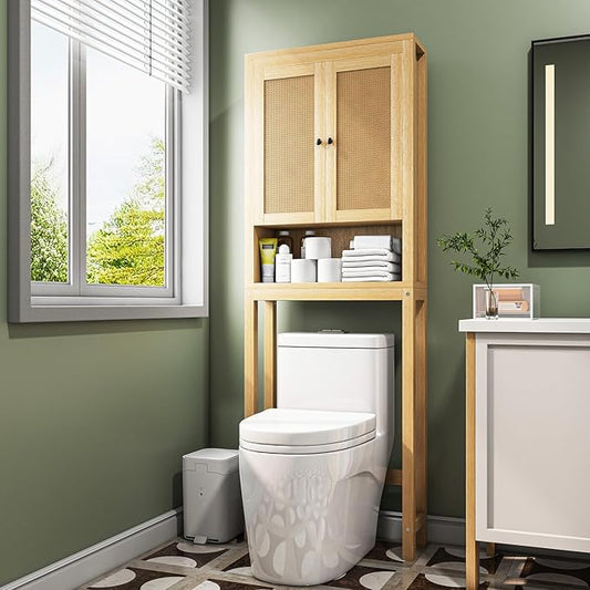knoworld Rattan Over The Toilet Storage Cabinet, Above Toilet Bathroom Organizer with Adjustable Shelf, Behind Toilet Cabinet, Space Saver for Restroom, Bathroom, Laundry, Wood Rack, Natural
