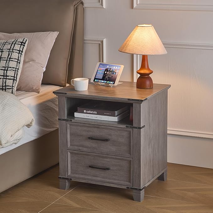 22" Nightstand, 2PCS Farmhouse Nightstand with 2 Drawers,Industrial Bedside Table with Open Shelf for Bedroom Living Room,Office Bed Side Tables Couch End Table,Grey