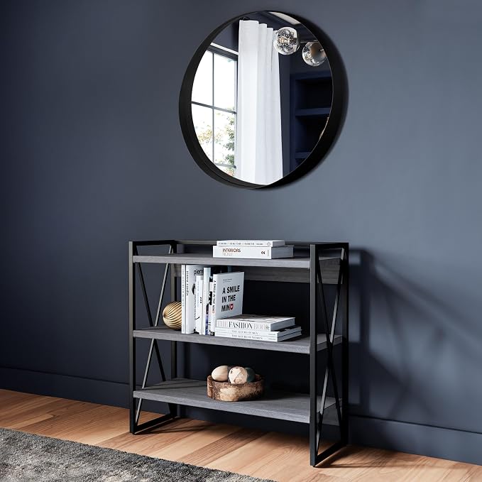 Design House 36-Inch Violette Wall Mirror – Round Mirror with Black Iron Metal Frame – Midcentury Modern Design for Entryway, Vanity, Living Room, Bathroom, 589887