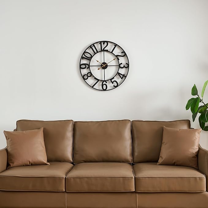 Wall Clocks for Living Room Decor, Large Wall Clock Silent Battery Operated, Rustic Industrial Farmhouse Black Metal Wall Clocks for Kitchen, Bedroom, Dining Room-24 in