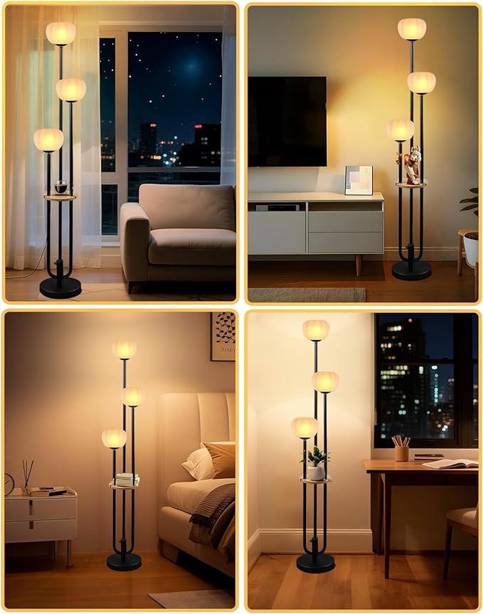 Black Floor Lamp Dimmable Modern Floor Lamps with Pumpkin Lampshade & Table, 3000K Soft Warm White Bulbs Included, 3-Light Tall Standing Lamp for Living Room/Bedroom