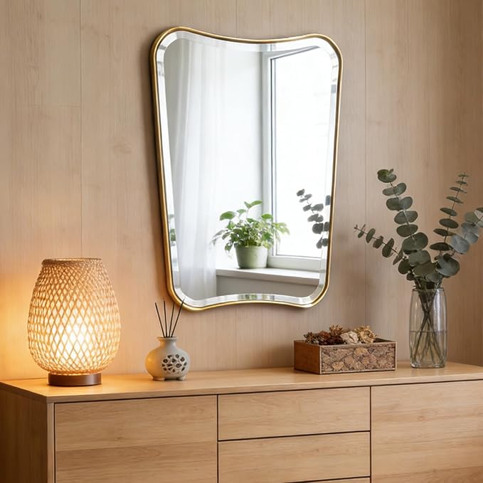 POZINO Brushed Gold Vanity Mirror, 24"x36" Modern Beveled Bathroom Mirror, Irregular Shaped Mirrors in Stainless Steel Frame, Brass Rectangle Wall Mirrors for Bedroom Living Room Entryway